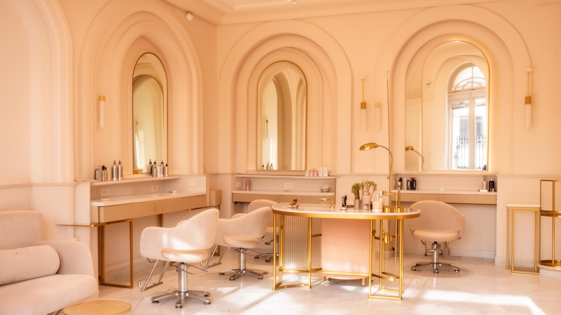 The Braiders Lounge interior with cream arches and gold styling stations