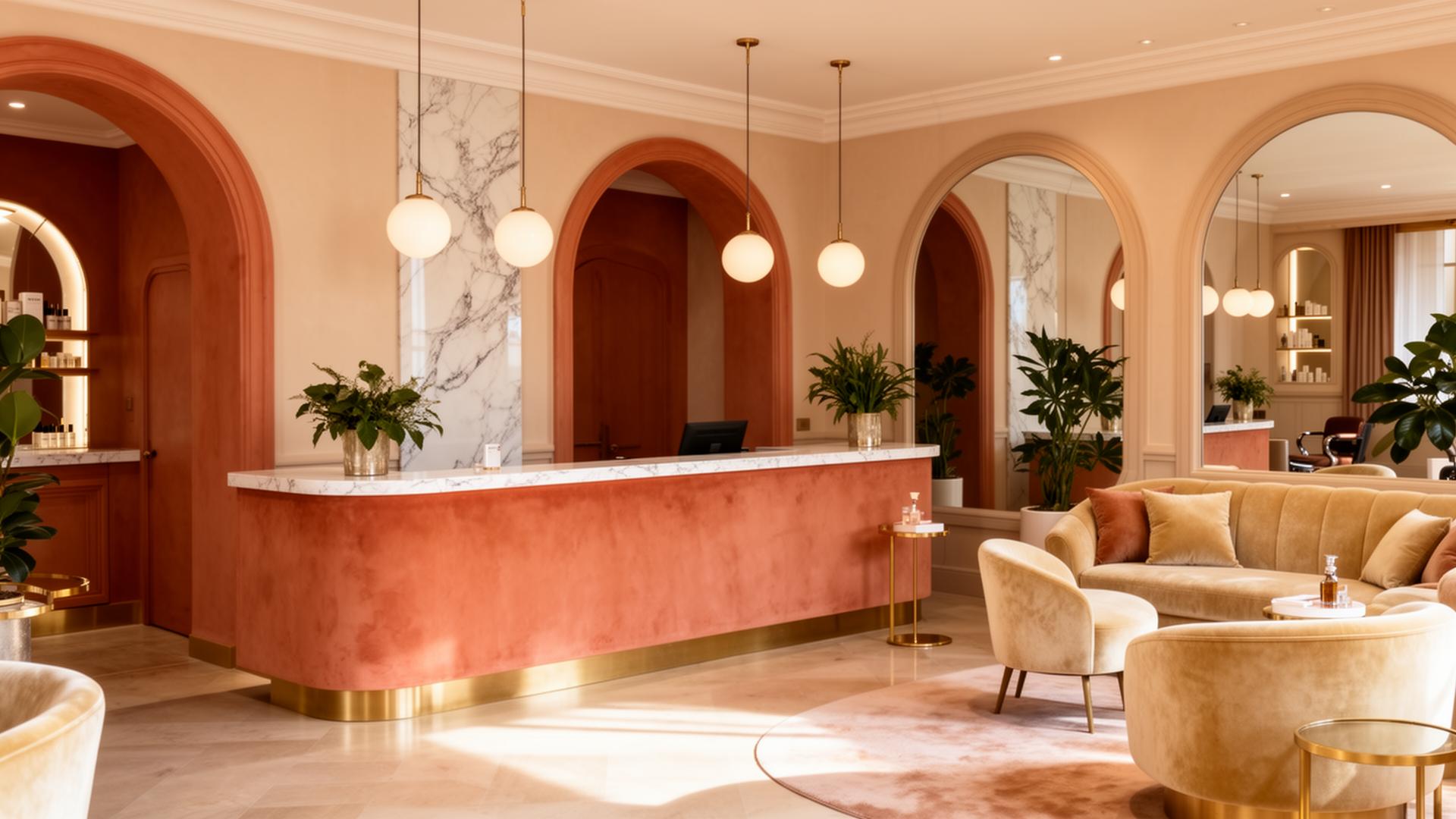 Cream and terracotta lounge with marble reception desk